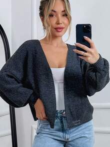 Women's Cardigan Knit Kimono Winter Short Elegant Coat - Màu xám đen - Xem 3