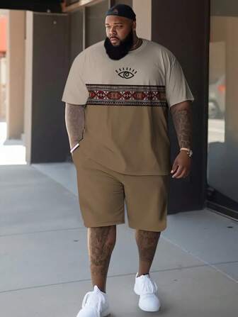 Khaki Patchwork Plus Size Men Sports Short Sleeve Shorts Set National Style Print Casual Plus Size Men's Set Hawaii Style Plus Size Men's Set, Summer Season