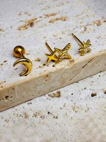 Set de 3 piezas de pendientes de aro con estrella y luna CZ para el trago, hélix, 14K enchapado en oro, zirconia redonda, joyería corporal hipoalergénica con cierre a presión para perforaciones múltiples