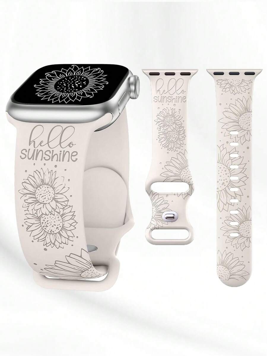 1 pieza Pulsera de silicona compatible con Apple Watch de 42mm, 41mm, 40mm, 38mm para mujer, con flor de girasol grabada, accesorio de moda elegante y deportivo compatible con Apple Watch Series 10/9/SE/8/7/6/5/4/3/2/1 - color de la luz de las estrellas - Ver 1