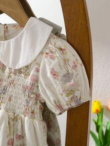 Summer Ditsy Floral Young Girls Dress With Ruffle Short Sleeve, Princess Style - Pink - View 5