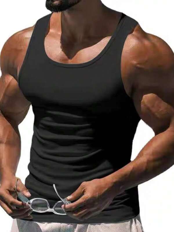 [Essential For Fitness] Men's Sleeveless Muscle Fitness Vest - Quick-Drying, Moisture-Wicking Polyester, Elastic White American-Style Vest, Suitable For The Gym And Outdoor Activities