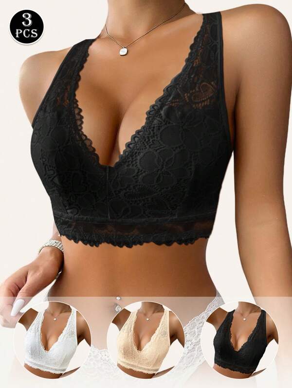 Set de 3 sujetadores de punto sin costuras con estampado floral, de estilos casual cómodo minimalista, lindo activo, dulce inocente, romántico rústico, elegante Charm maduro, gracioso casual, y Charm maduro regular