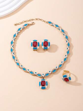 This Jewelry Set Includes 1 Necklace, 1 Pair Of Earrings, And 1 Ring - A Magnificent Interpretation Of Elegance And Luxury. The Necklace Features A Blue And White Geometric Chain Link Design Exuding An Air Of Sophistication. Whether Attending A Formal Event Or Adding A Touch Of Style To Daily Wear, This Jewelry Set Will Make You The Center Of Attention And Enhance Your Unique Charm.