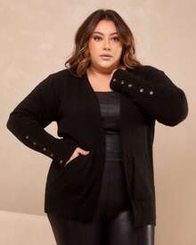 Casaco Cardigan Com Bolso E Botão Na Manga Trico Inverno