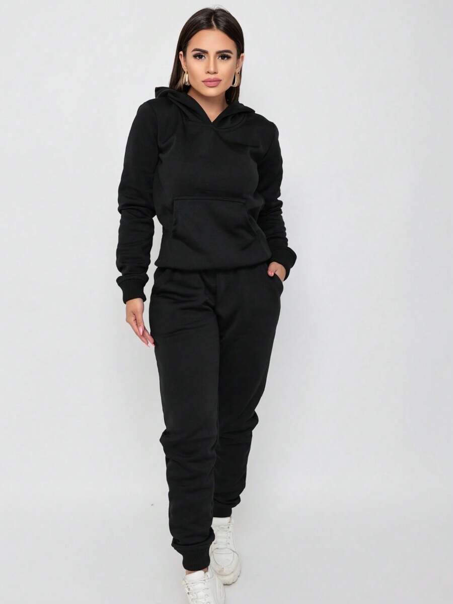 Women's Sweatshirt Set With Kangaroo Pocket Hooded Plush Cold Weather Set - Black - View 1