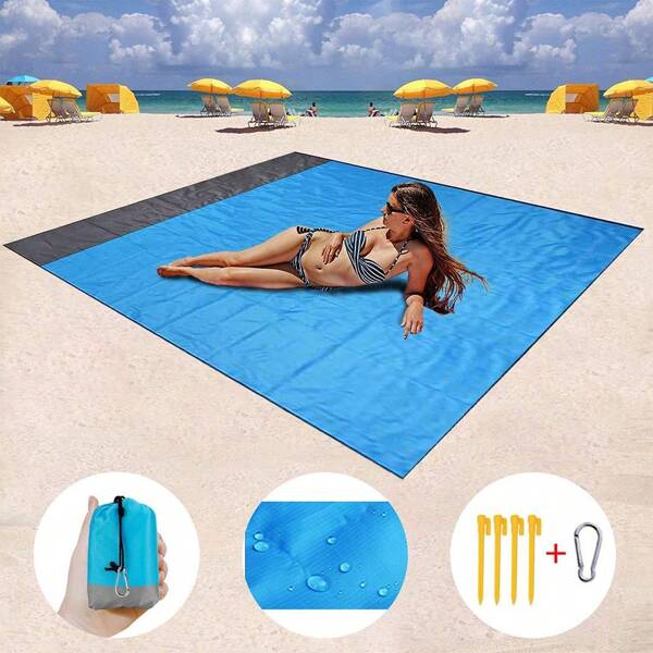 Outdoor Camping Waterproof Portable Foldable Picnic Mat Lawn Moisture-Proof Pad Polyester Plaid Fabric Beach Mat With Ground Pegs, 200*140cm, Beach Blanket, Picnic Blanket