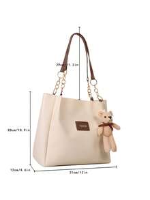 Bolso de PU de gran capacidad con decoración de cadena - Beis - Ver 3