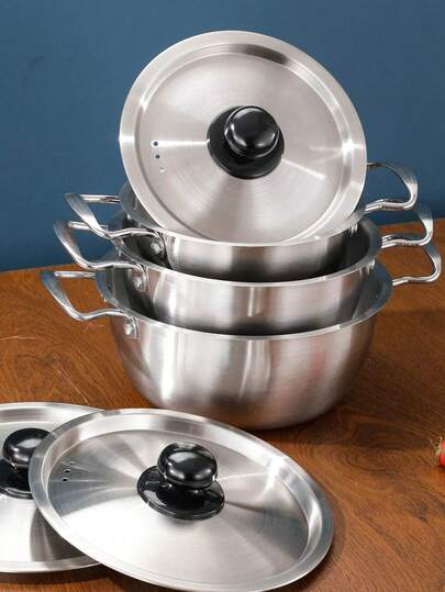 Juego de 3 ollas de acero inoxidable para cocinar fideos instantáneos, ollas de doble asa resistentes al calor, utensilios de cocina de alta calidad para hacer sopa, calentar leche, cocinar mariscos y talla grande, ollas pequeñas antiadherentes para uso doméstico