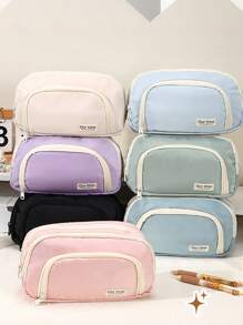 1pc 3-Layer Canvas Pencil Case With Clear Window, High-Quality Japanese Style, Extra Large Capacity Student Stationery Bag (7 Colors),Pencil Pouch,School Bag