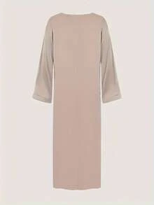 Women's Solid Color Round Neck Long Sleeve Loose Straight Abaya Dress Spring - Jade - View 3