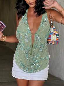 Sequin Halter Top For Women Sexy Sleeveless Deep V Neck Backless Glitter Tank Top Night Out Party Rave Outfits - Green - View 5