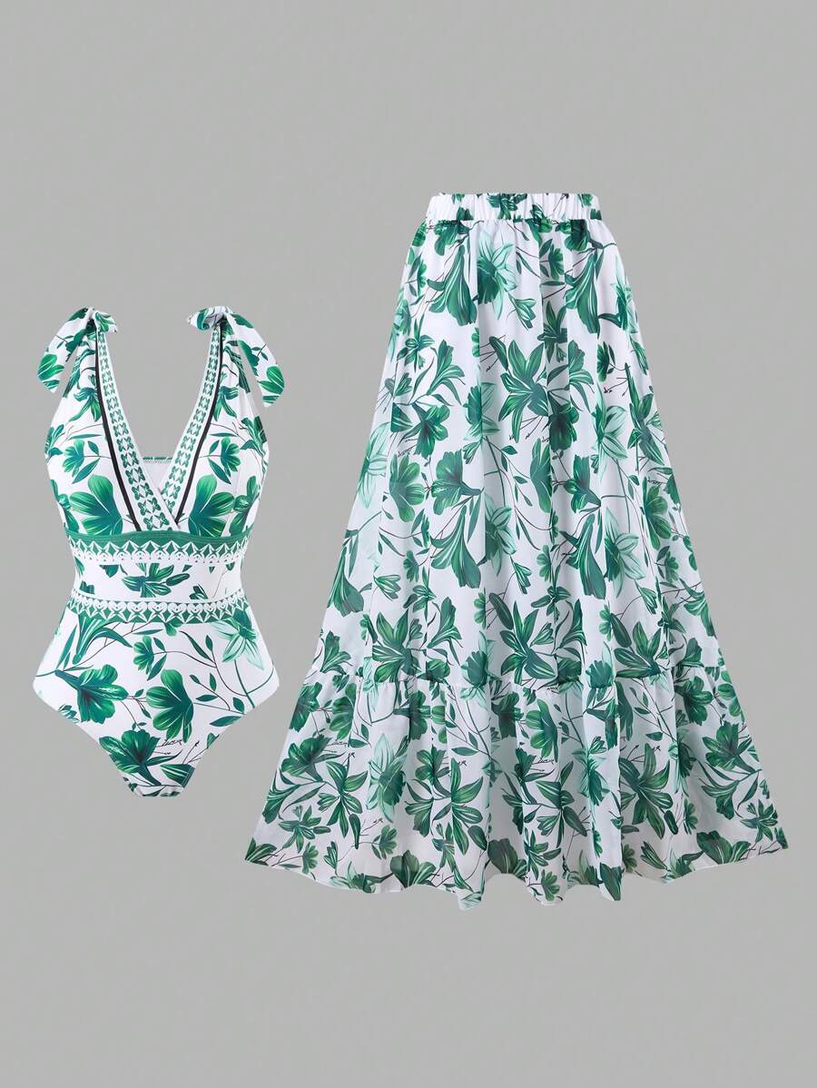 2024 New European & American Cross-Border Women One-Piece Swimsuit With Skirt, Fashionable, Slimming, Sexy Swimwear