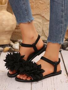 New Plus Size Women Comfy Simple Round Toe Elastic Band Lotus Decor Flat Sandals, Casual Fashion Open Toe Slip On Beach Summer Shoes - Black - View 4
