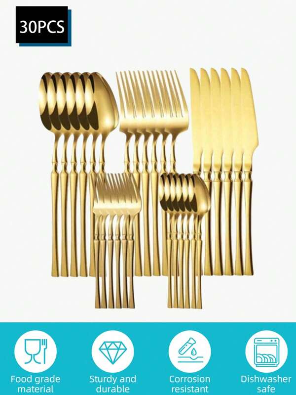30pcs Stainless Steel Gold Color Thin Waist Flatware Set, Suitable For Guest Receiving, Restaurant And Wedding: Rustproof Stainless Steel Design, Including Forks/Spoons Dishwasher Safe, Meeting Lamb Cutting, Multi-Person Dining And Easy Cleaning! Suitable For Daily Home Use.