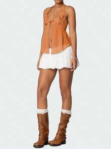 Womens Y2K Sequin Cami Tops Sexy Sparkle Lace Up Crop Top Tie Up Halter Scoop Neck Straps Tank Top - 橘色 - 查看 5