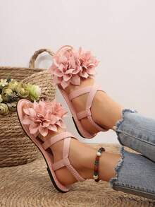 Nuevas sandalias planas de mujer de talla grande, cómodas y casuales, con puntera redonda, diseño cruzado elástico, decoración de loto, tipo slip-on, moda de ocio para vacaciones, playa y verano - Rosa - Ver 3