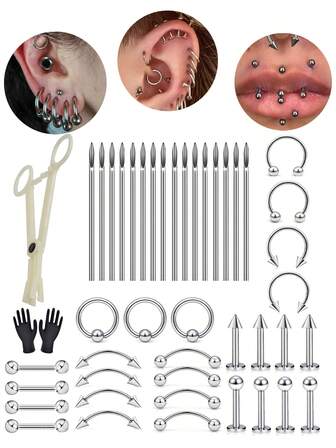 Kit de perforación corporal con acero inoxidable y acrílico de calibre 16G para perforar el labio, la nariz, la oreja, el trago, el cartílago, el hélix, las cejas, el daith y el rook, herramienta de joyería para perforación