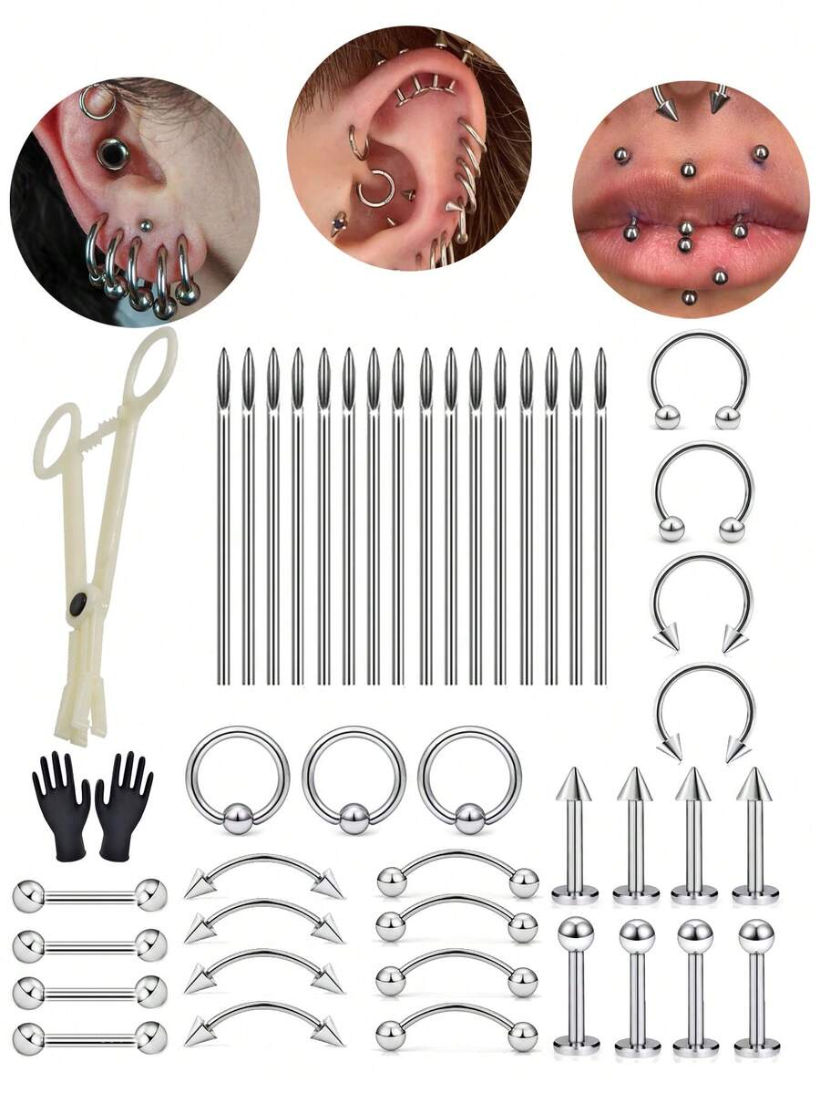 Body Piercing Kit Stainless Steel Acrylic 16G Lip Nose Ear Tragus Cartilage Helix Eyebrow Daith Rook Earring Piercing Jewelry Tool - Multicolor - View 1