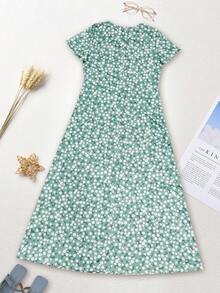 Fashionable Casual Vacation Ditsy Floral V-Neck Long Dress, Lightweight Elegant Women Versatile Slim Fit Dress For Outdoor, Home, Travel, Work, Spring/Summer - Dark Green - View 6