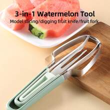 3 合 1 西瓜叉不锈钢切刀西瓜切片机多功能厨房切西瓜挖掘器水果工具 - 彩色 - 查看 3