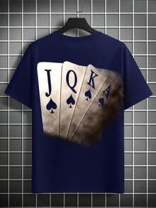 大码男式扑克牌印花圆领短袖休闲 T 恤 - 藏蓝色 - 查看 3