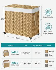 SONGMICS 42.3 Gallon Rolling Laundry Basket With Lid, 3-Section Synthetic Rattan Laundry Hamper With Removable Liner, 27.6x14.2x26 Inches Laundry Bin, For Bedroom, Bathroom, Natural - Natural Color - View 7