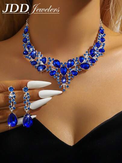 3pcs Set Women Fashion Jewelry - Earrings + Necklace, Bohemian Blue Rhinestone Shiny High-End Stylish Jewelry Set, Party/Gift