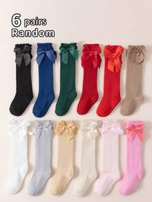 6双装婴儿粉色蝴蝶结装饰女童袜子及膝儿童长筒袜宝宝新生儿春夏季可爱儿童袜子 - 灰色 - 查看 8
