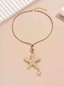 1 件时尚个性化海滩风格夸张海星水钻链吊坠蜡线项链，适合日常、节日派对、海滩旅行 - 金黃色 - 查看 4