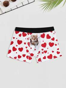 1pc Cat Heart Graphic Print Men's Comfortable Boxer Briefs - White - View 1