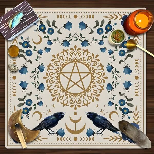 Mantel de altar lunar con flores - Tapete de poliéster para disposición de tarot con diseño de sol y luna, flores azules y decoración dorada, ideal para brujería y decoración pagana, paño para lectura de tarot | Estampado floral | Diseño floral elegante, decoración lunar