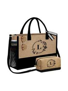 高级黑色卡其帆布手提包套装，配有肩带，饰有玫瑰花环字母 A-Z，包括一个撞色大号手提包和一个小方包（可作零钱包）。