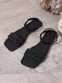 Women's Flat Sandals, Ankle Strap Slip-On Black Mules, Linen Elegant Casual Shoes, Summer Flat Sandals, Strappy Mules,Weave Slides,Suitable For Vacation And Beach Fun