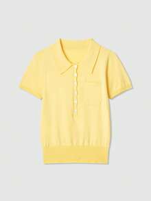 Casual Lightweight Minimalist Butter Yellow Short Sleeve Polo Knit Top - Yellow - View 1