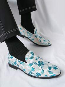 男士花卉刺绣平底乐福鞋，适合驾车、婚礼、派对和庆典 - 藍色 - 查看 4