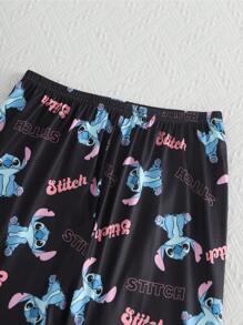 Disney Conjunto de pijama de 2 piezas con estampado de dibujos animados, Stitch, autorizado, de mujer. Incluye top de manga corta y cuello redondo, y pantalones. Confeccionado en tela de punto cómoda para uso en el hogar. Estilo casual elegante y romántico, ideal para vacaciones.