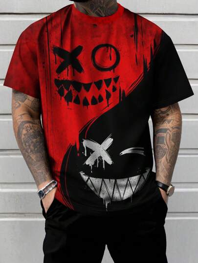 Plus Size Men's Casual Funny Face Print Round Neck Short Sleeve T-Shirt, For Halloween