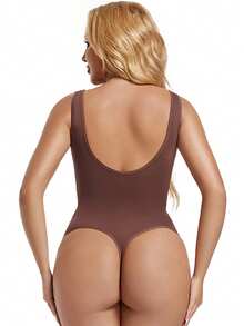 Seamless Women Thong Shapewear Bodysuit Tummy Control Abdomen Compression Backless Body Shaper Tank Top Vest Underwear Undershirts Shirts Lingerie Sleeveless Wide Shoulder Straps - 棕色 - 查看 9