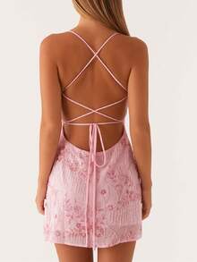 Mini Dresses For Women Sexy Halter Glitter Cami Short Dress Sparkly Party Club Cocktail Bodycon Outfits - 粉色 - 查看 4