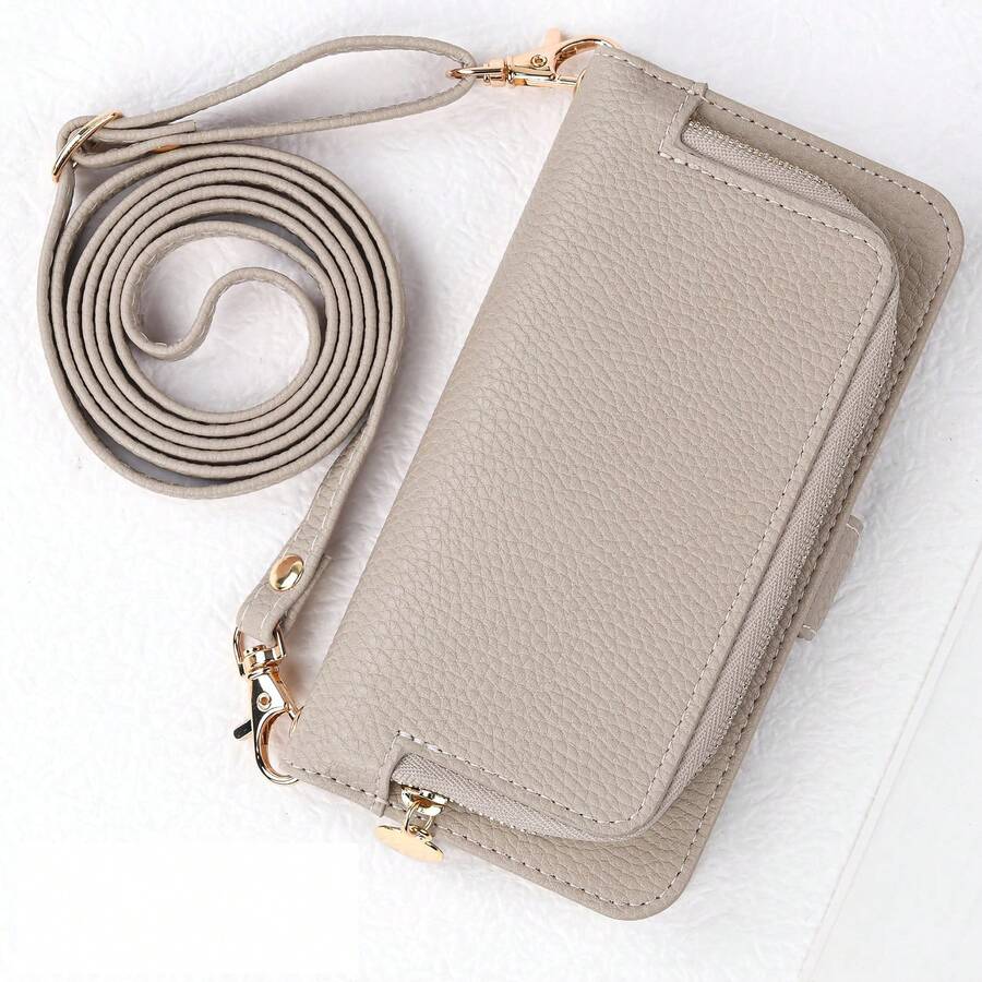 Phone Shoulder Strap Premium Sense Travel Zipper Case Wallet Protective Case PU Leather Slumpproof Portable Unisex Compatible With IPhone 16/15/14/13/12/11/8/7 PRO 15PROMAX Smartphone Case - Màu be - Xem 1
