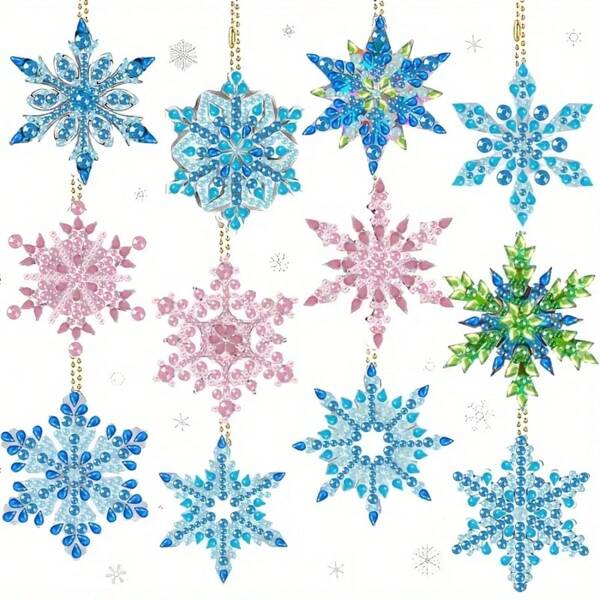 12pcs/Set DIY Diamond Art Pendant, Double-Sided Snowflake Pendant, Diamond Painting Keychain, Christmas Party Decoration, DIY Craft Holiday Gift