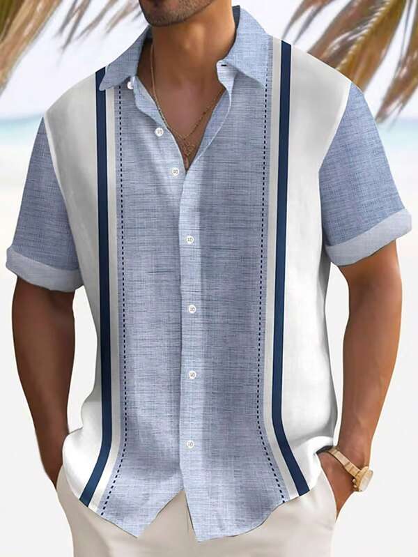 Retro Striped Bowling Texture Print Men's Button Up Short Sleeve Shirt
