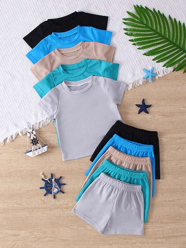 10 pièces/set Ensemble décontracté garçons Tee-shirt en tricot unicolore et shorts pour le printemps/été, pour l'extérieur