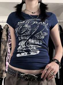 女式 Y2K 风格英文字母印花针织面料 T 恤，春夏季休闲街头服饰 - 藏蓝色 - 查看 3