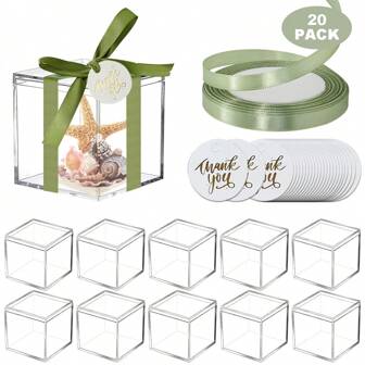 20 件装亚克力礼品盒，带感谢标签和丝带，4.5x4.5x4.5cm，透明婚礼宾客礼品盒，塑料方形立方体，带盖，迷你亚克力容器展示盒，适用于婚礼新娘送礼会婴儿送礼会生日派对纪念品派对礼物