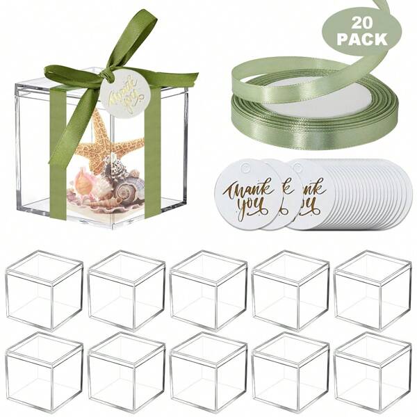 20 قطعة صندوق هدايا أكريليك مع ملصقات الشكر والشريط، 4.5 * 4.5 * 4.5 سم صندوق مكعب أكريليك شفاف مربع لحضور حفلة الزفاف مع غطاء، حاويات أكريليك مصغرة لعرض صناديق للاستخدام في حفلات الزفاف والحوامل وحفلات عيد الميلاد والهدايا التذكارية