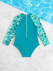 Traje de baño de una sola pieza con estampado de sirena lindo para niña joven de manga larga