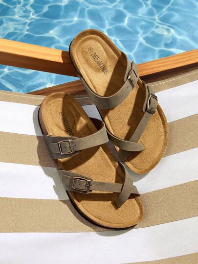 Sandalias de mujer con punta abierta, ajustables, sin cordones, con plantilla de corcho, cómodas sandalias planas de verano