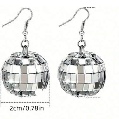 1pc Disco Ball Vintage Style Silver Drop Earrings, Mirrored Disco Ball Christmas Ball Shaped Fashion Earrings (Minimal Excess Adhesive Does Not Affect Normal Wear)